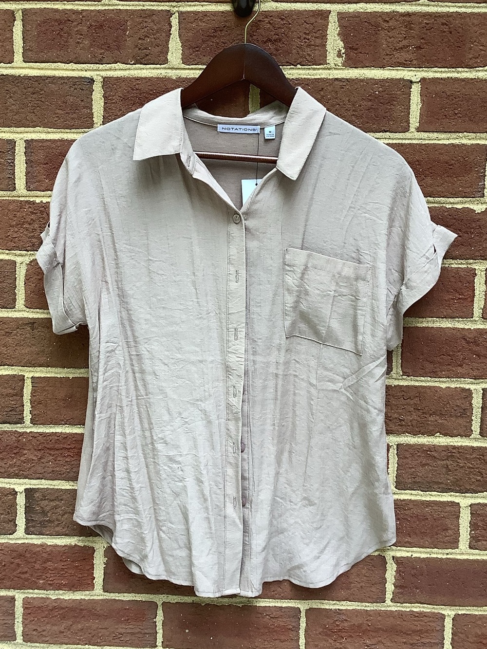 NWT Notations Mixed Media Button Front Collared Shirt Cap Sleeve M
